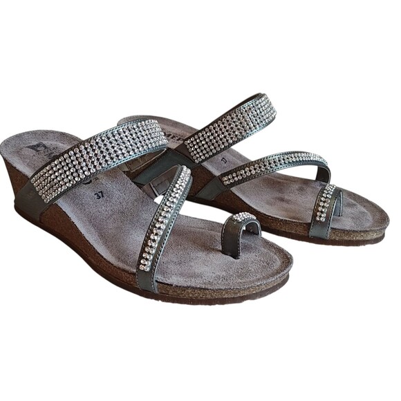 Mephisto Milly Shoes Womens Size 7 Steel Silver Wedge Sandals Rhinestone Straps - Picture 1 of 15